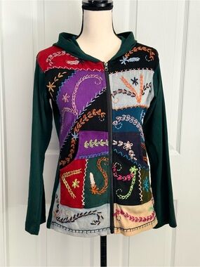 Rising Tide Patchwork Embroidered Full Zip Hoodie Jacket Nepal Boho Medium⁠